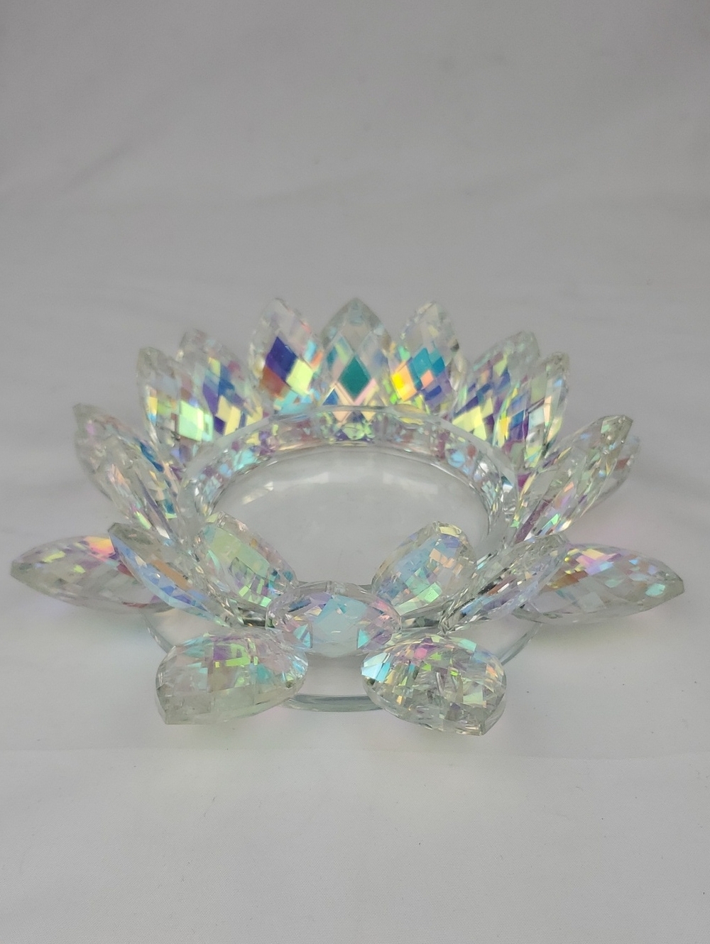 Iridescent Crystal Lotus Candle Holder - Clear Prism 7" X 2.5"